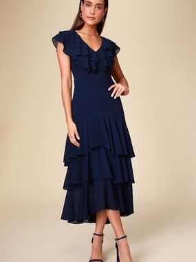 Lulus Betsey Navy Blue Ruffled Midi Dress NWT XS